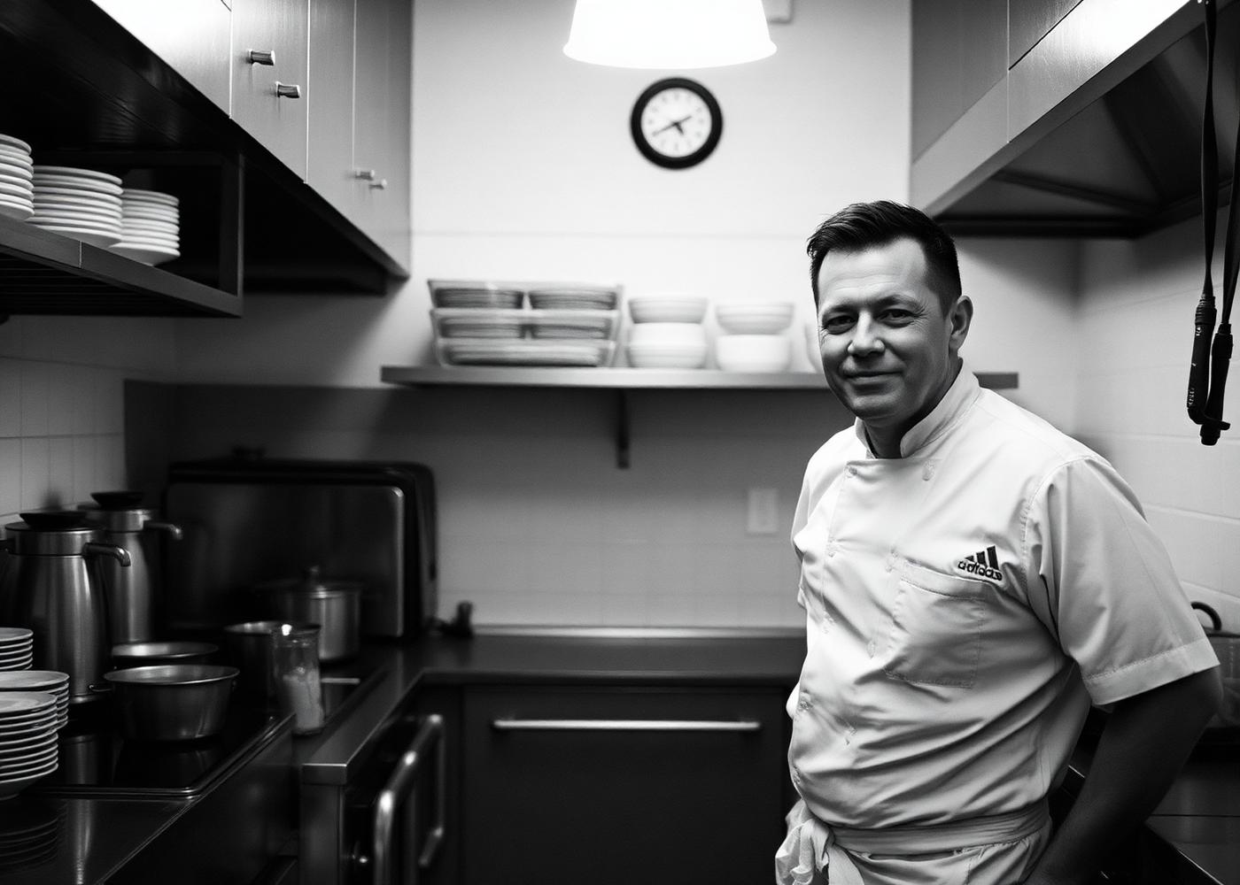 Szef kuchni w małej kuchni restauracji, zdjęcie czarno-białe