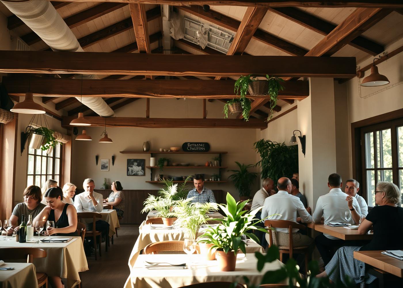 Wnętrze restauracji z drewnianymi belkami i roślinami