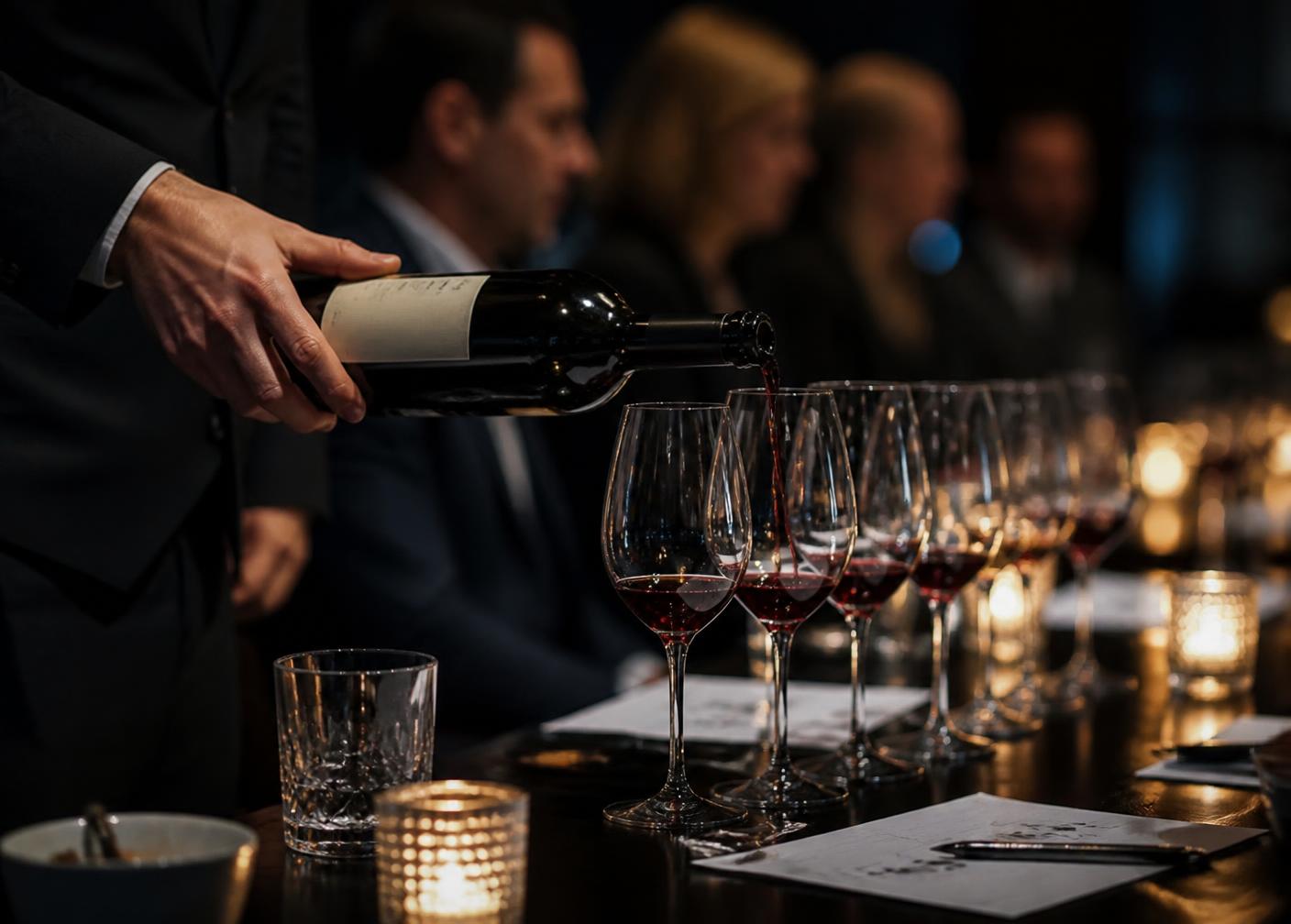 Sommelier nalewa wino podczas kolacji degustacyjnej